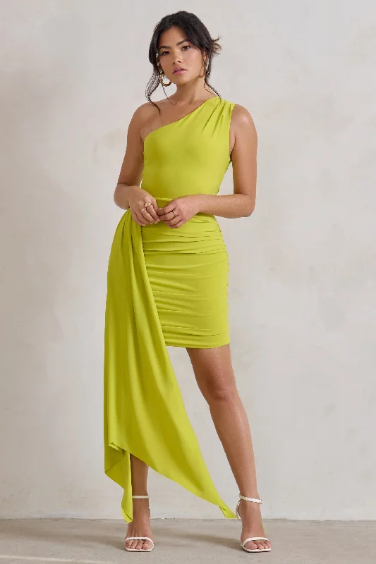 Charlie | Lime Green One Shoulder Ruched Mini Dress With Statement Drape