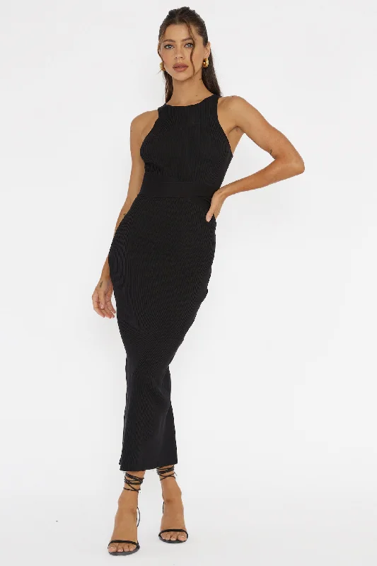 Charmed Me Ribbed Knit Midi Dress Black