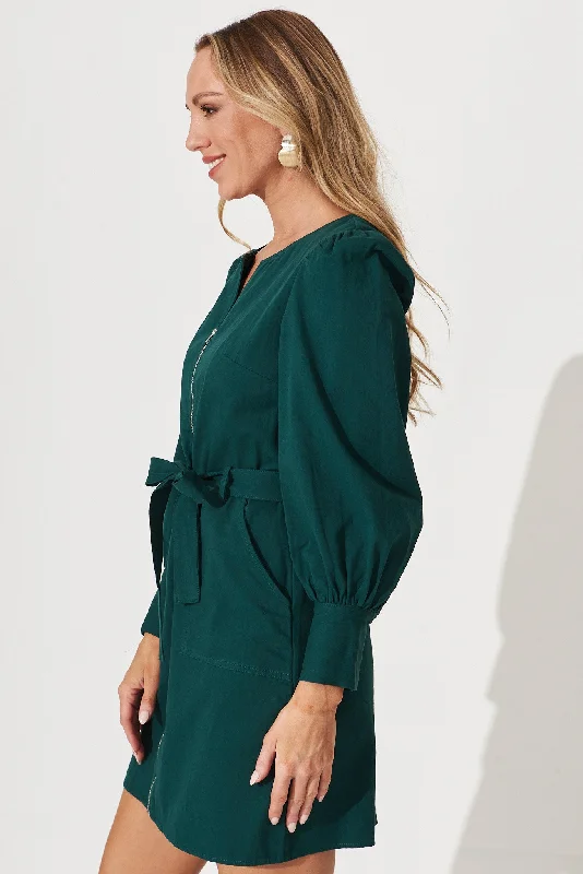 Cheviot Zip Dress In Emerald Cotton