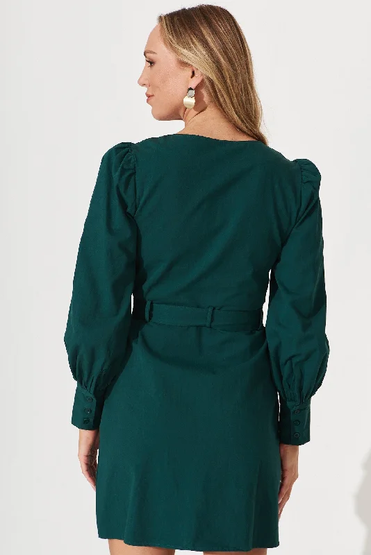 Cheviot Zip Dress In Emerald Cotton