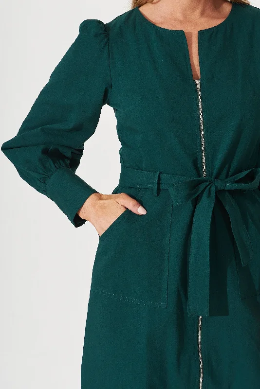 Cheviot Zip Dress In Emerald Cotton