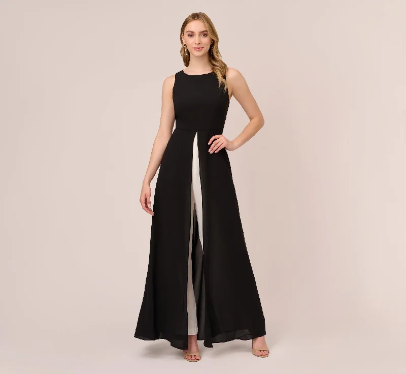 Colorblock Jumpsuit With Skirt Overlay In Black Ivory