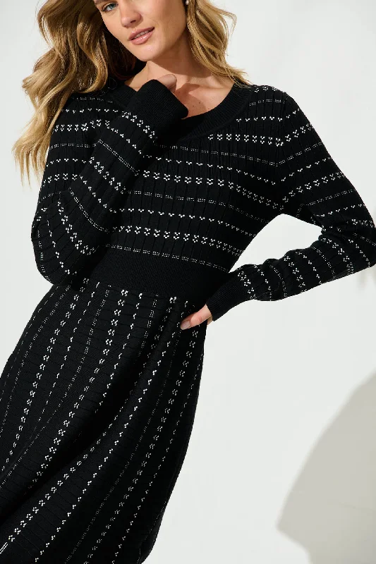 Damsel Knit Dress In Black With White Stripe