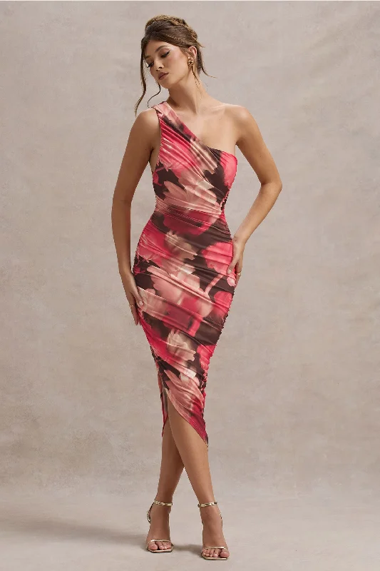 Dorit | Red Floral Print One Shoulder Asymmetric Ruched Midi Dress