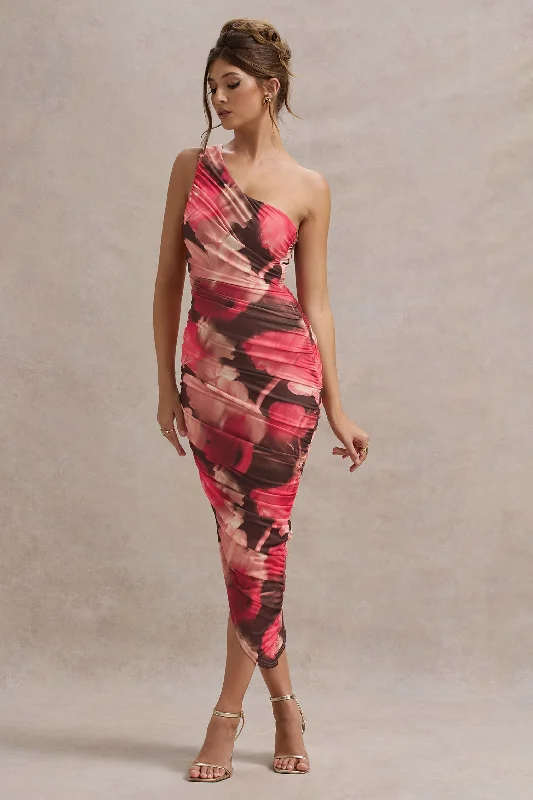 Dorit | Red Floral Print One Shoulder Asymmetric Ruched Midi Dress