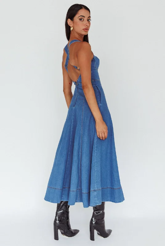 Ellora Criss-Cross Back Denim Maxi Dress Navy