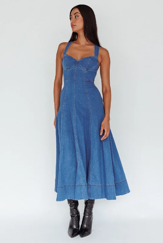 Ellora Criss-Cross Back Denim Maxi Dress Navy