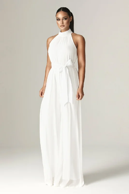 Fadia Chiffon Wide Leg Belted Jumpsuit (Off White)