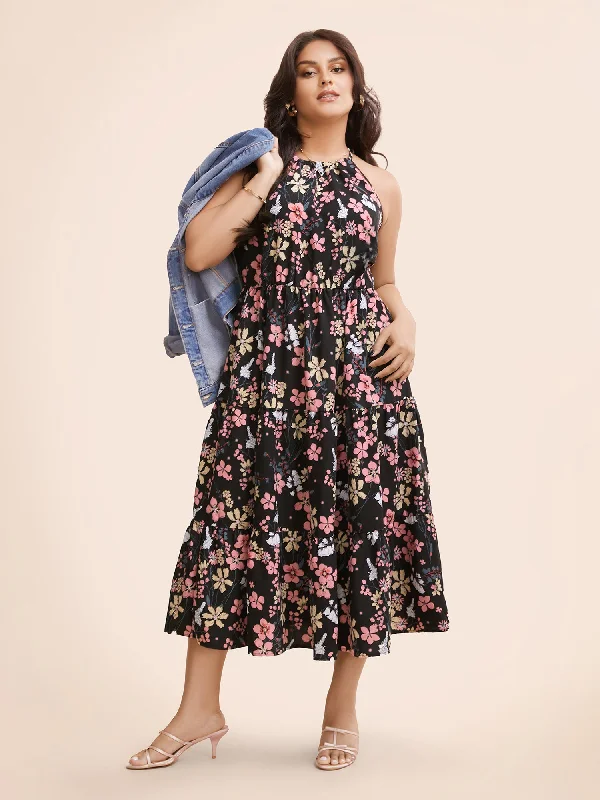 Floral Halter Neck Ruffle Hem Dress