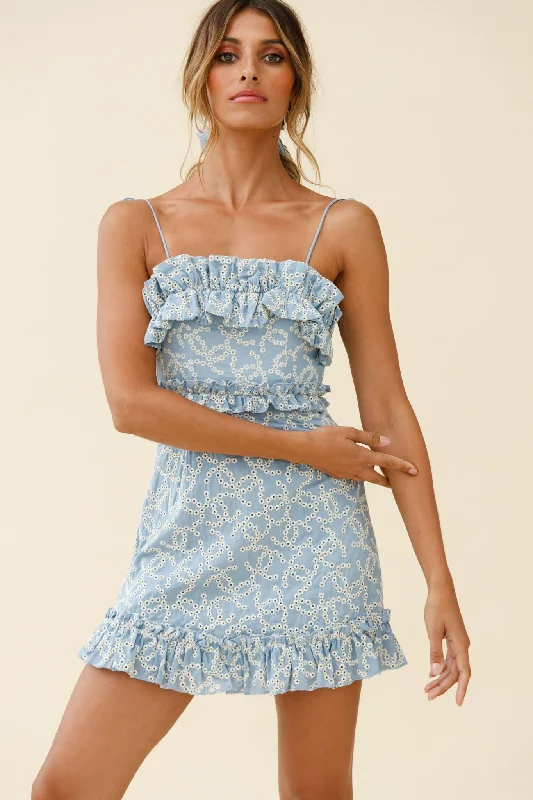 Frill Seeker Eyelet Embroidery Tied Back Dress Denim Blue