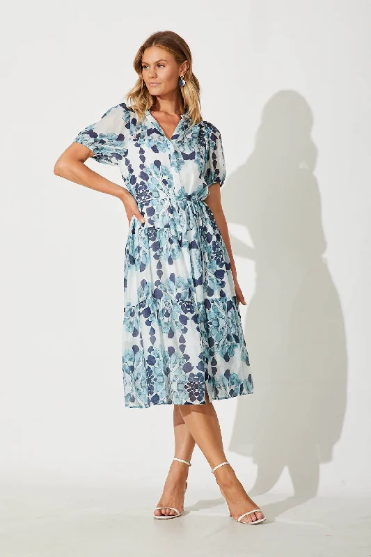 Gallery Midi Dress In Blue Leaf Print Cotton Blend