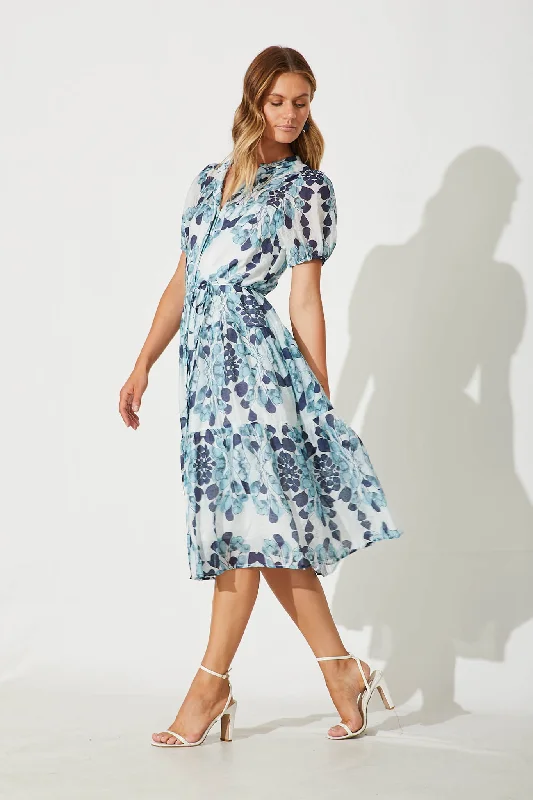 Gallery Midi Dress In Blue Leaf Print Cotton Blend