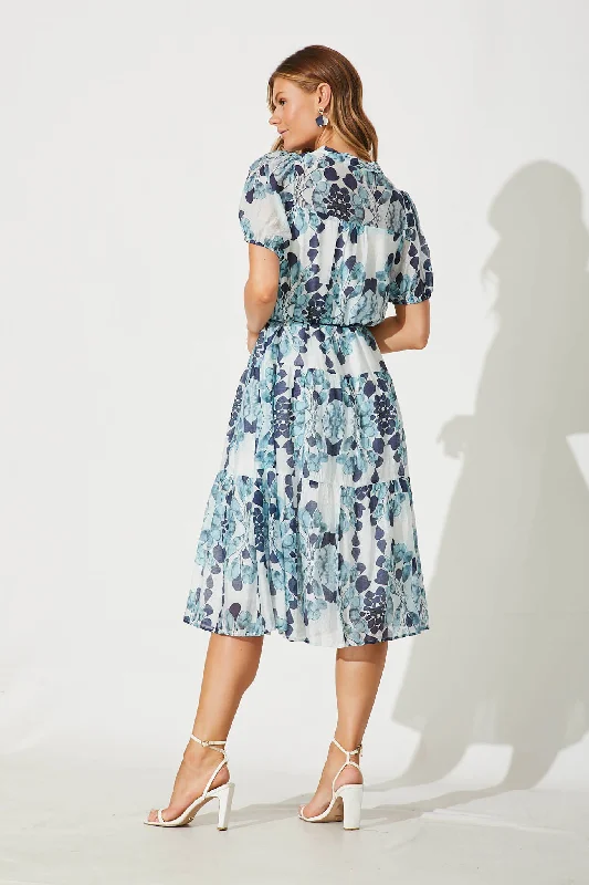 Gallery Midi Dress In Blue Leaf Print Cotton Blend