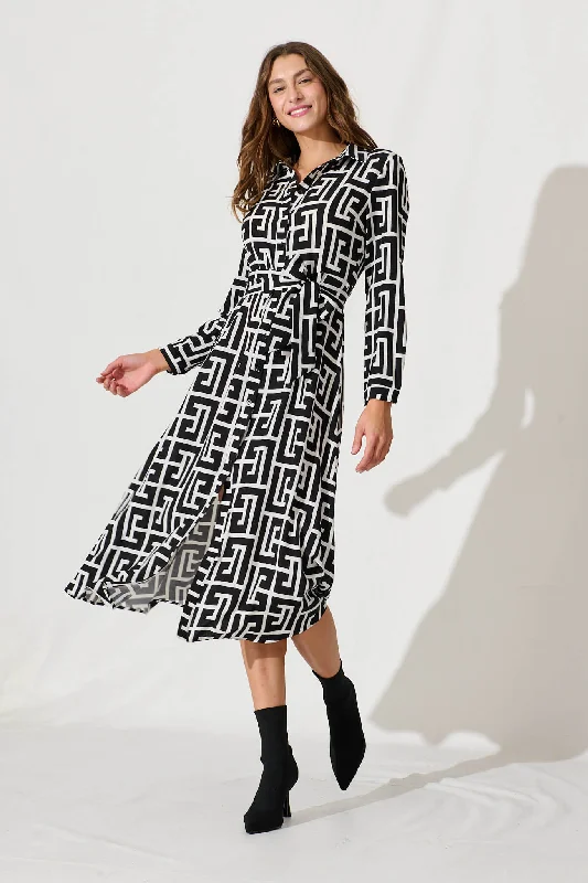 Geraldine Midi Shirt Dress In Black And White Geometric