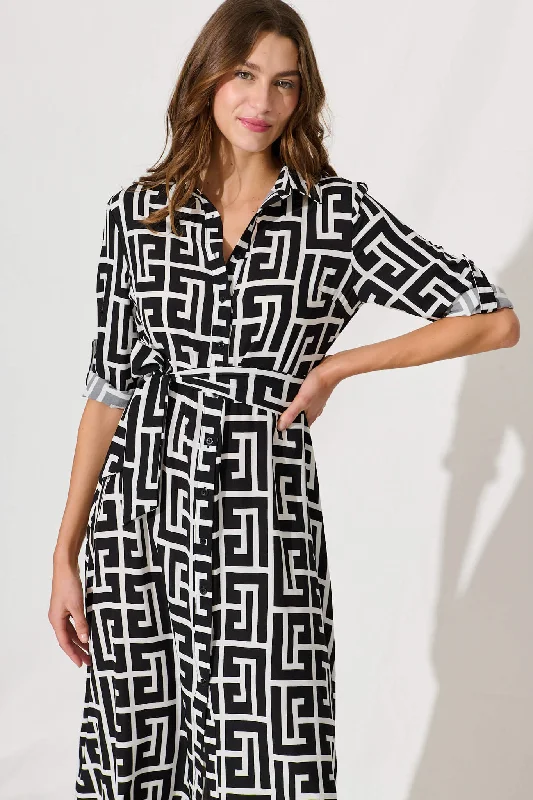 Geraldine Midi Shirt Dress In Black And White Geometric