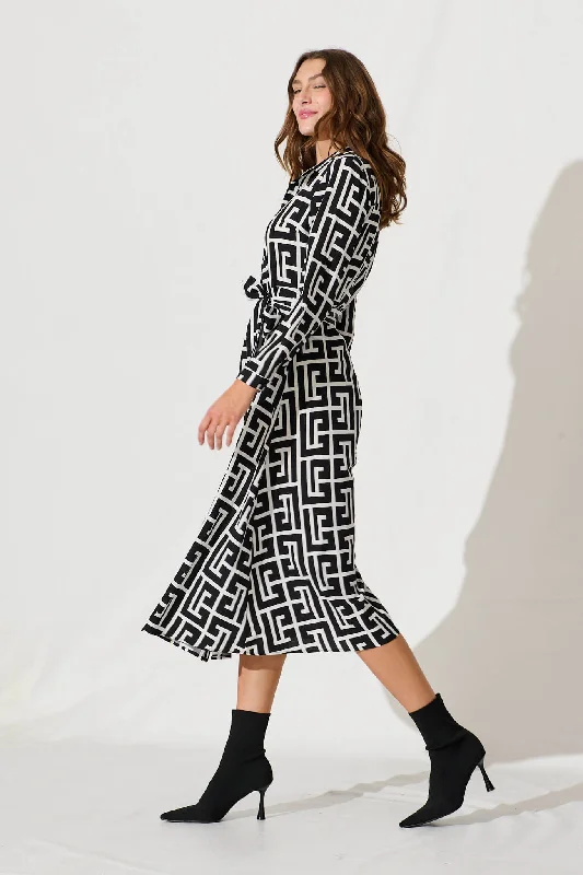 Geraldine Midi Shirt Dress In Black And White Geometric