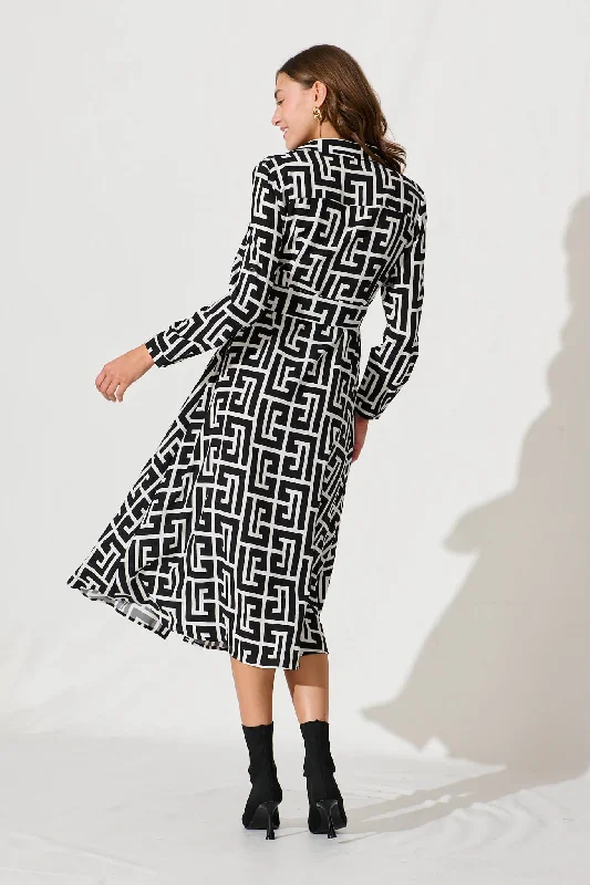 Geraldine Midi Shirt Dress In Black And White Geometric