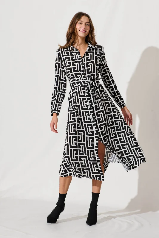 Geraldine Midi Shirt Dress In Black And White Geometric