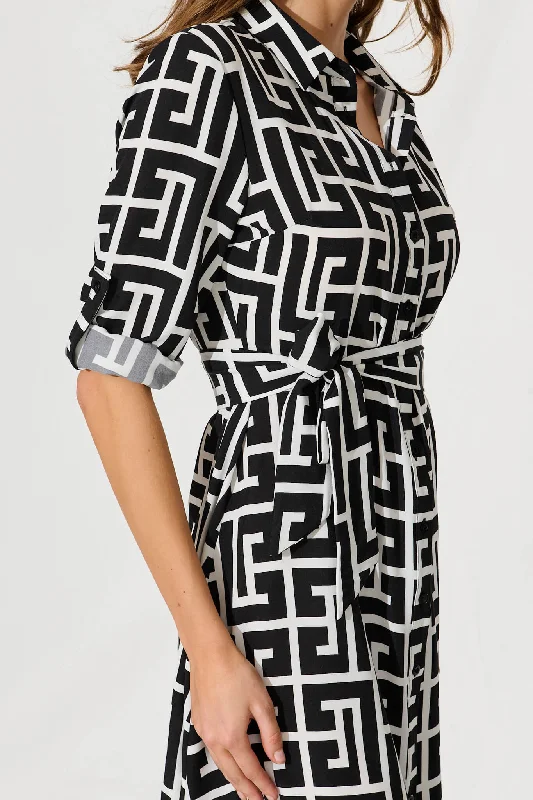 Geraldine Midi Shirt Dress In Black And White Geometric