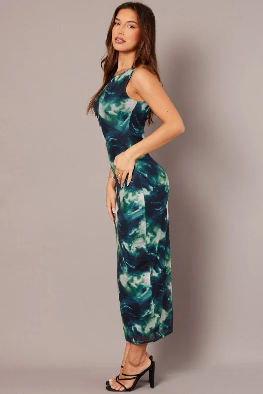 Green Abstract Bodycon Dress Sleeveless