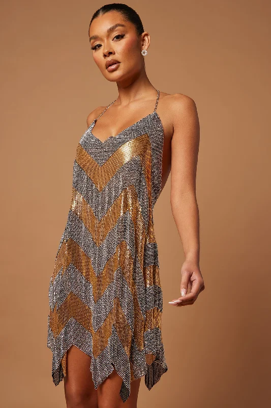 Hallie Chainmail Mini Dress - Gold/combo