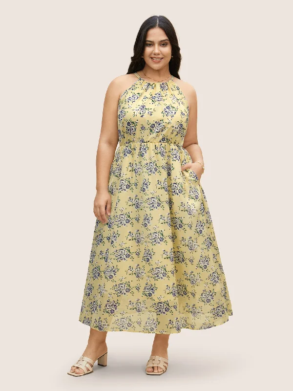 Halter Neck Floral Elastic Waist Dress