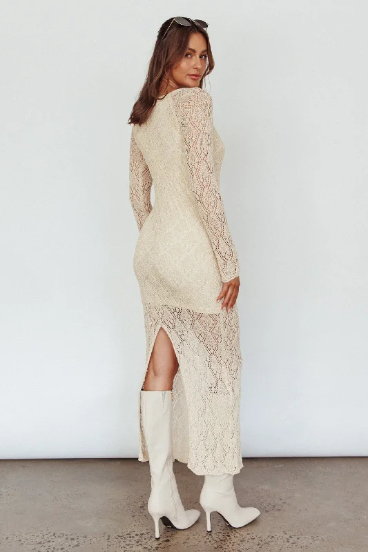 Happy Place Long Sleeve Crochet Midi Dress Beige