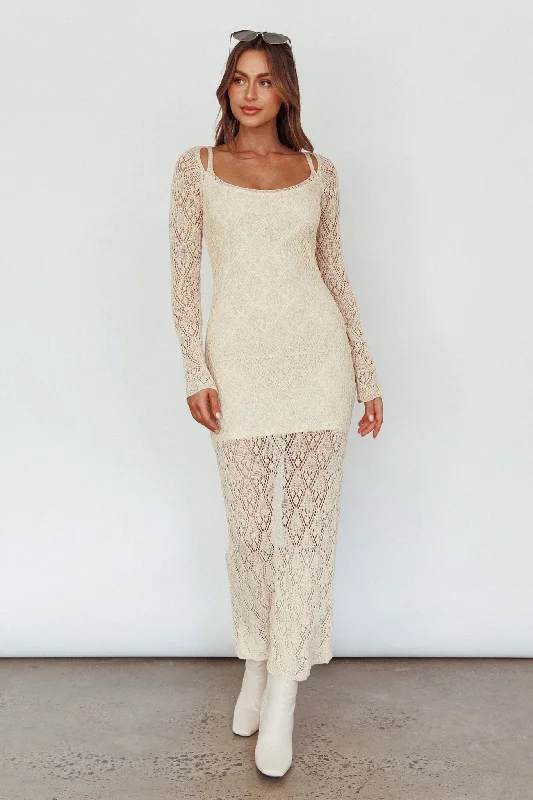 Happy Place Long Sleeve Crochet Midi Dress Beige