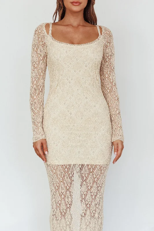 Happy Place Long Sleeve Crochet Midi Dress Beige