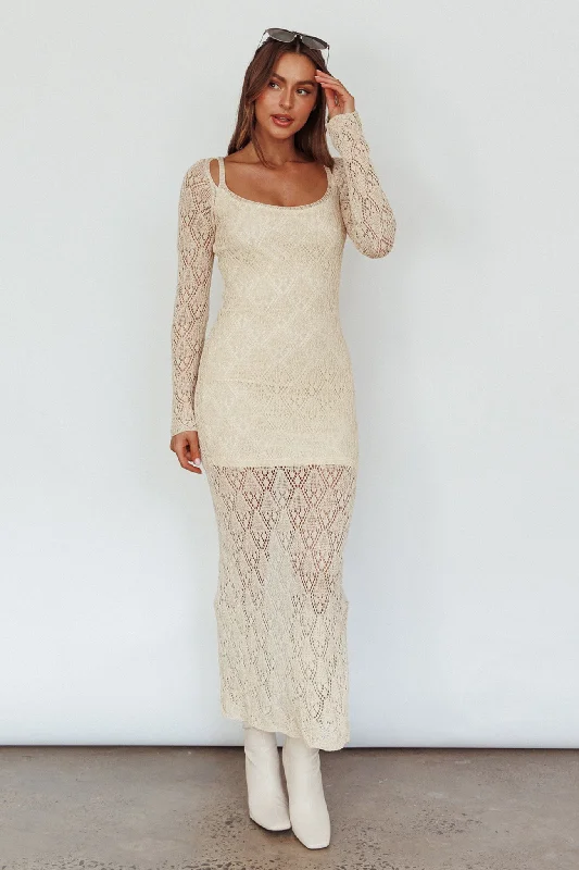 Happy Place Long Sleeve Crochet Midi Dress Beige