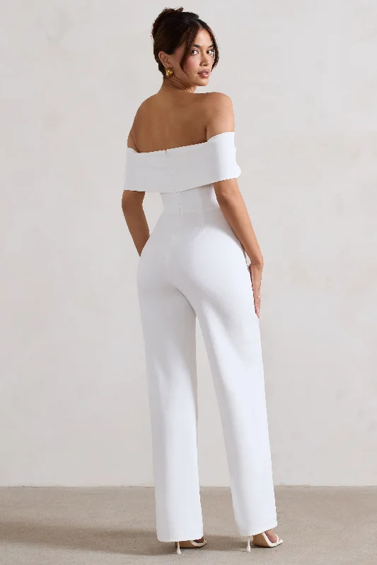 Harleen | White Bow Bardot Wide-Leg Jumpsuit