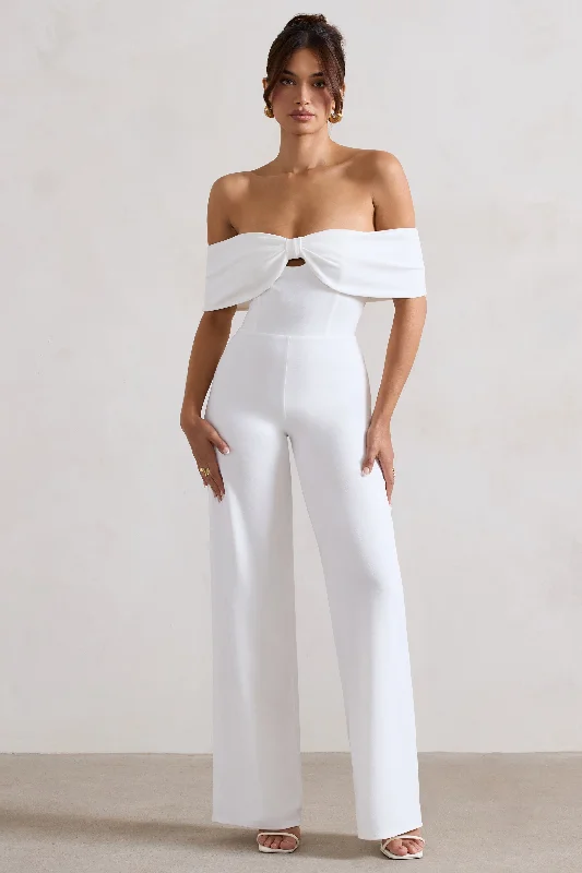 Harleen | White Bow Bardot Wide-Leg Jumpsuit