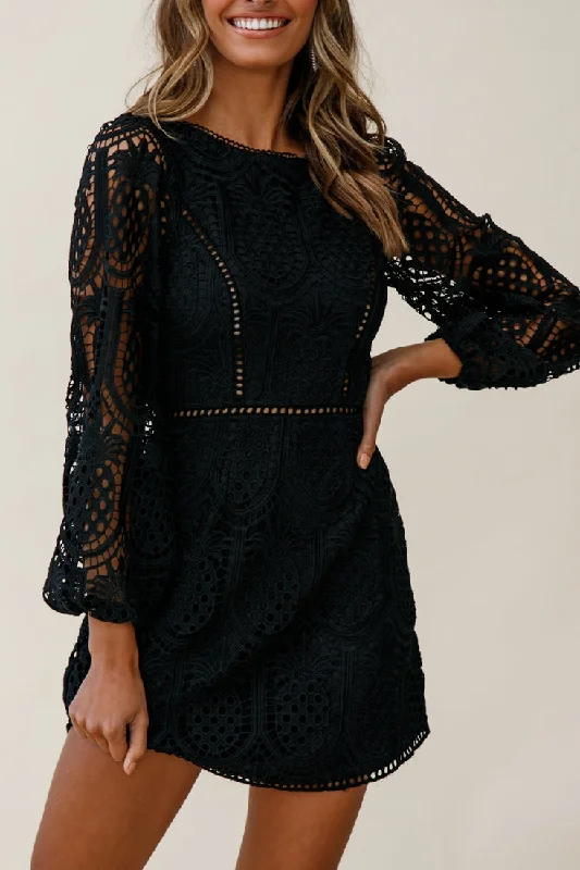 Heart Crochet Overlay Balloon Sleeve Dress Black