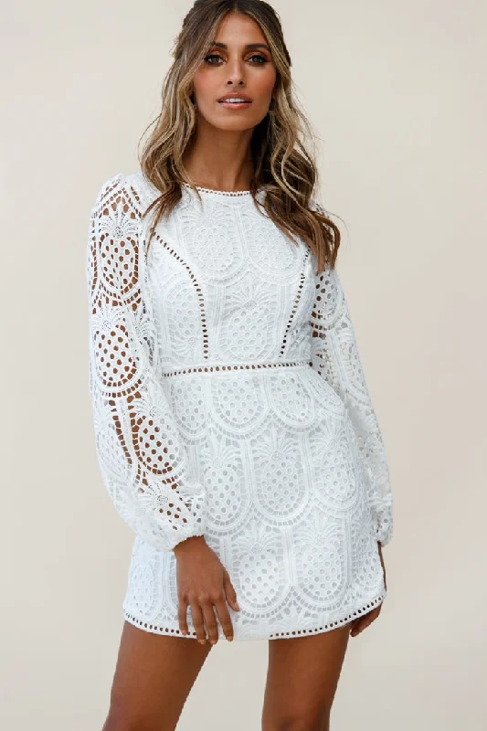 Heart Crochet Overlay Balloon Sleeve Dress White