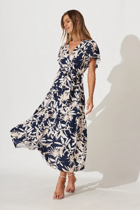 Heidi Maxi Dress In Navy Leaf Print