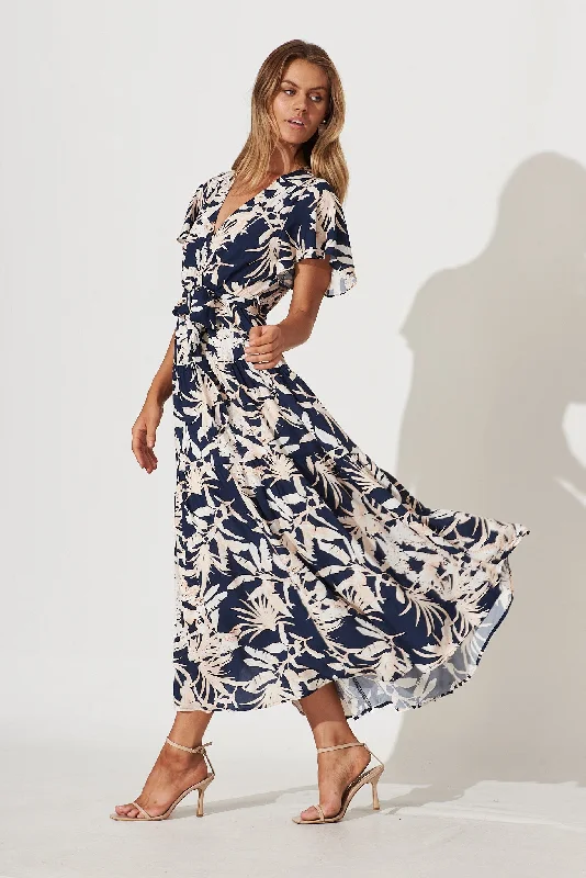 Heidi Maxi Dress In Navy Leaf Print