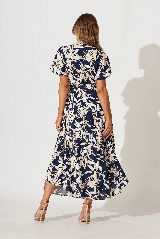 Heidi Maxi Dress In Navy Leaf Print