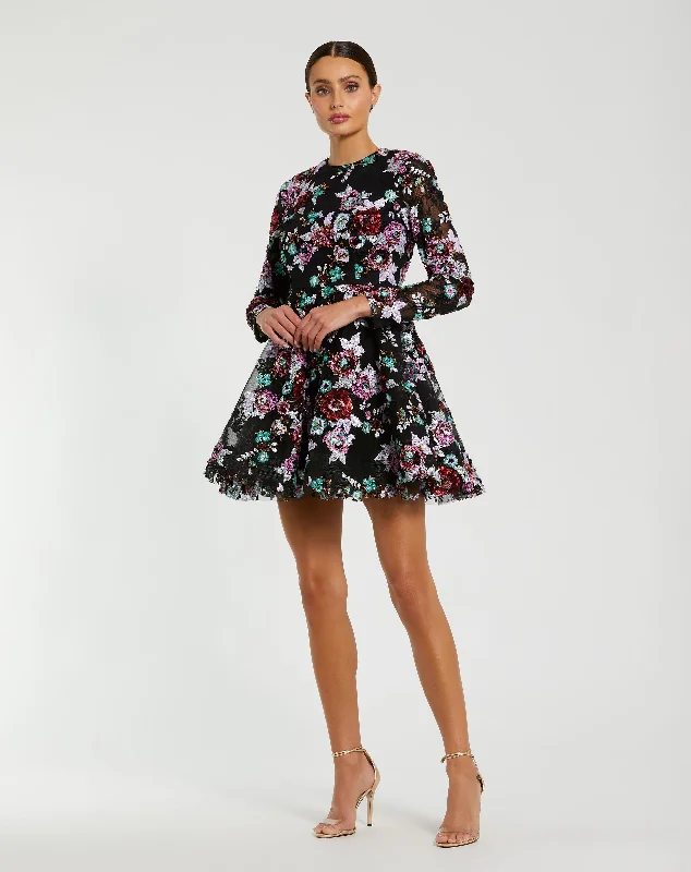 High Neck Long Sleeve Sequin A Line Mini Dress