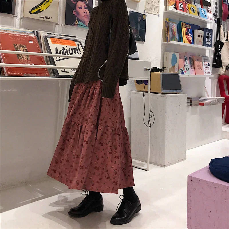 Flytonn-Graduation gift, dressing for the Coachella Valley Music Festival,High Waist A-Line Flower Printed Corduroy Long Skirt