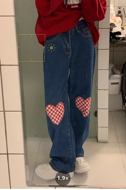 Flytonn-Graduation gift, dressing for the Coachella Valley Music Festival,High Waist Heart Checkered Shape Loose Long Jeans Pants