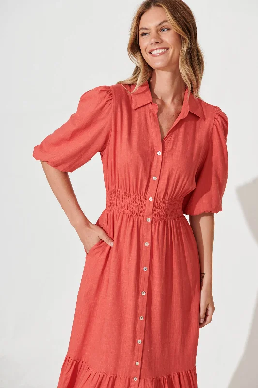 Hopkins Midi Shirt Dress In Coral Linen Blend