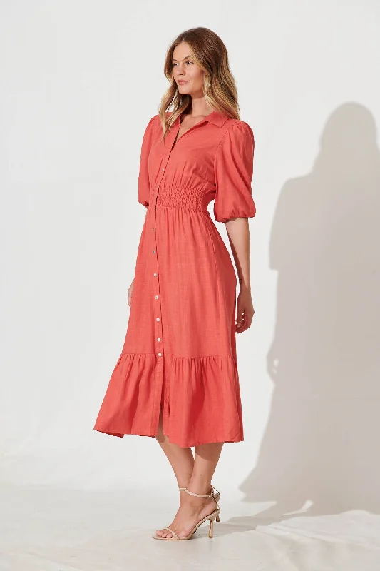 Hopkins Midi Shirt Dress In Coral Linen Blend