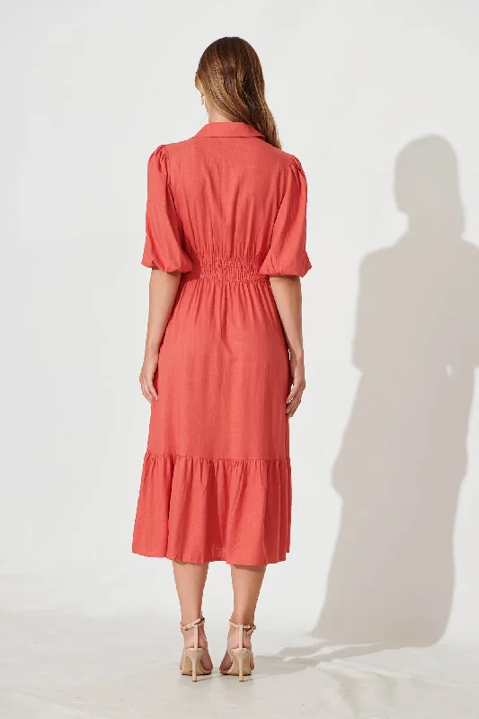 Hopkins Midi Shirt Dress In Coral Linen Blend