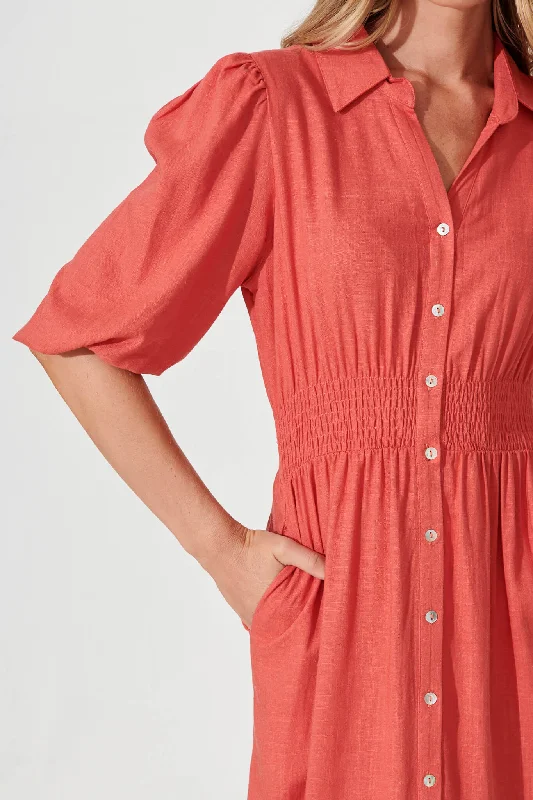 Hopkins Midi Shirt Dress In Coral Linen Blend