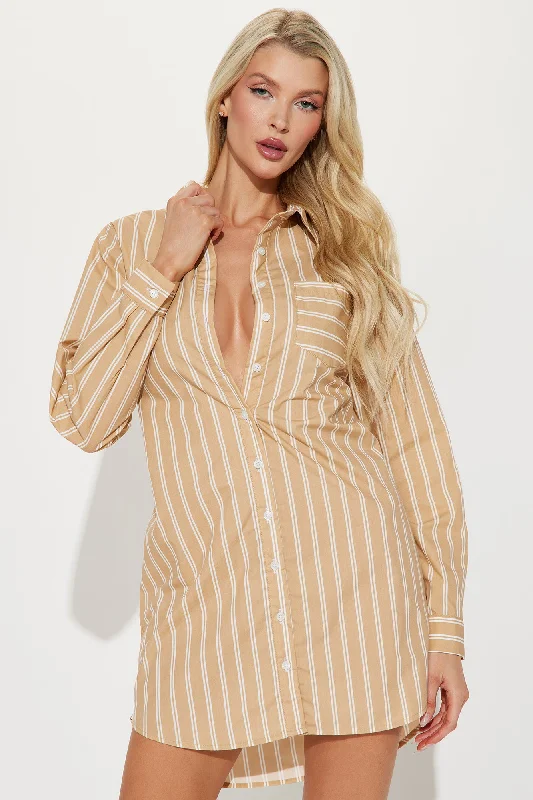 Jadine Striped Shirt Dress - Tan