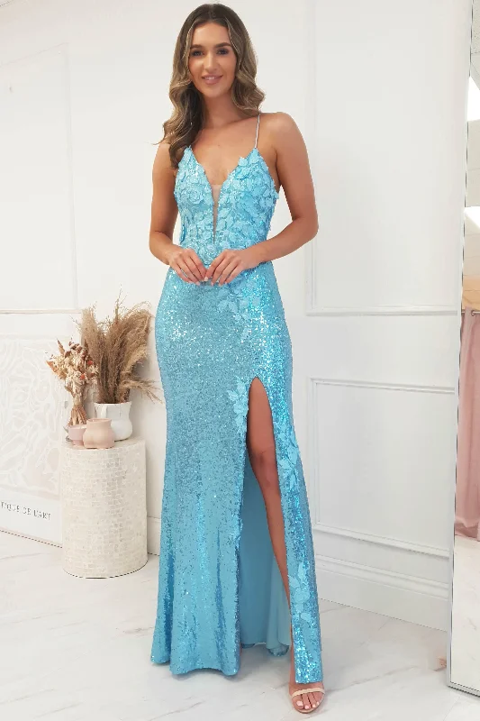 Janie Floral Embellished Sequin Gown | Blue