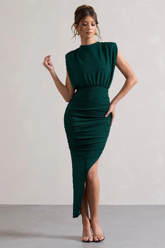 Jennifer | Bottle Green Sleeveless Maxi Dress With Asymmetric Hem