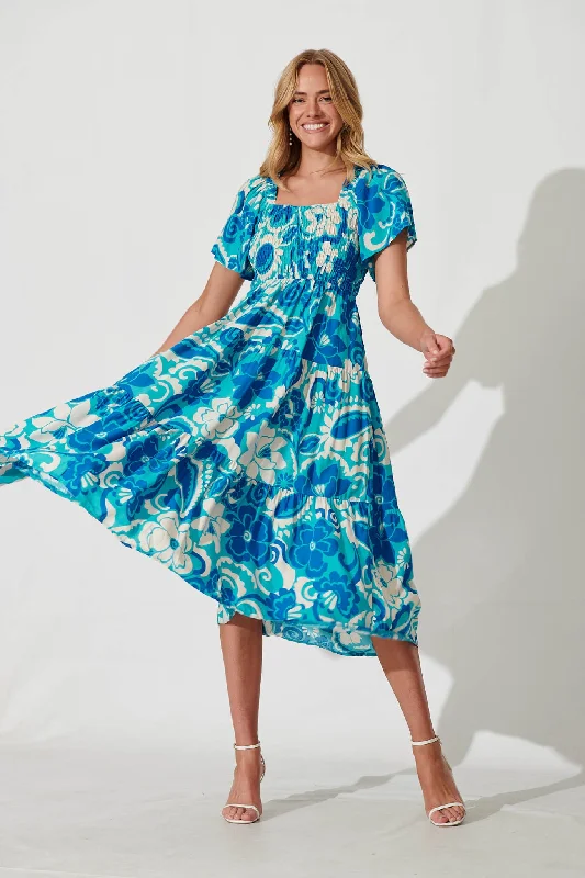 Jessica Dress In Blue Flower Print