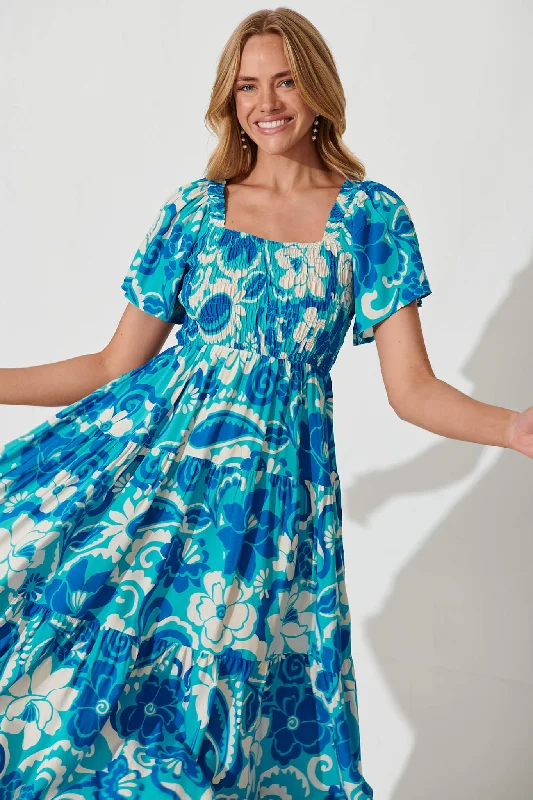 Jessica Dress In Blue Flower Print