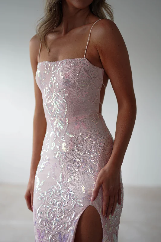 Kaeli Iridescent Open Back Sequin Dress | Pink